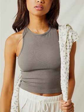 Free People Hayley Racerback Brami Ribbed High-Neck Crop Tank Top - Gray M/L